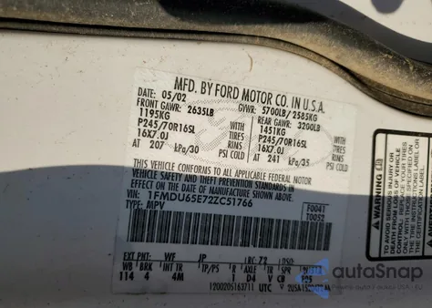 2002 Ford Explorer Limited from USA, damaged, VIN 1FMDU65E72ZC51766